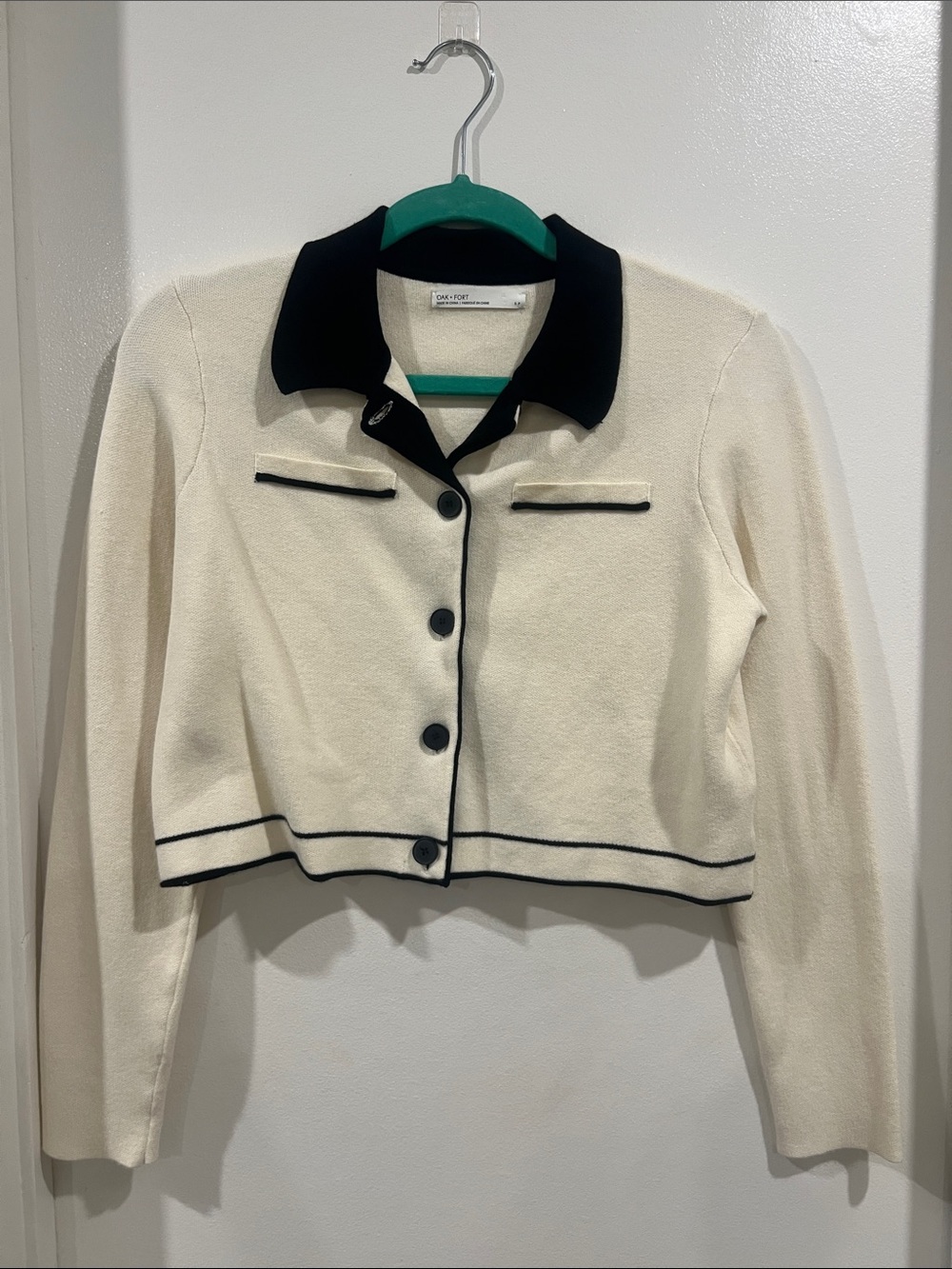 OAK + FORT Cream Cropped Cardigan with Black Collar and Trim size Small